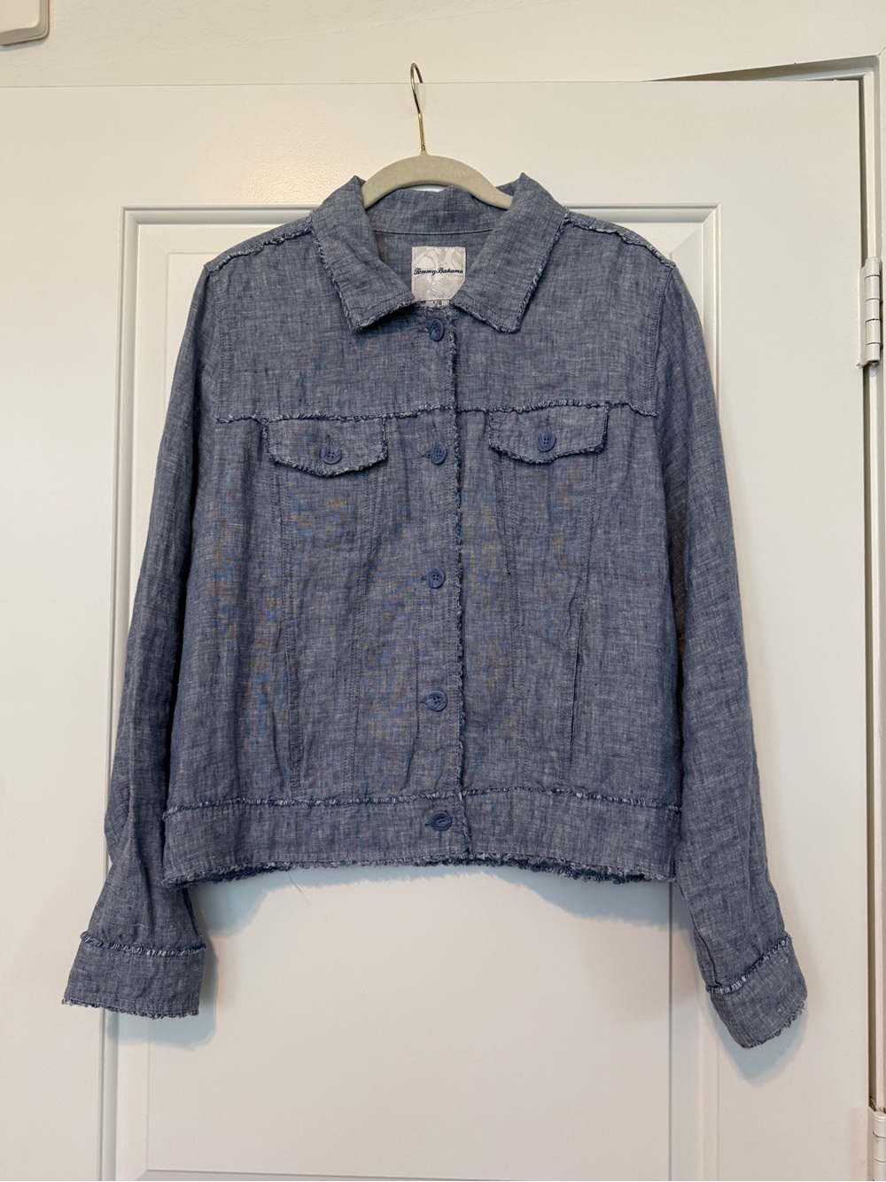 Tommy Bahama Two Palms Raw Edge Line Chambray Blue Jacket EUC Large